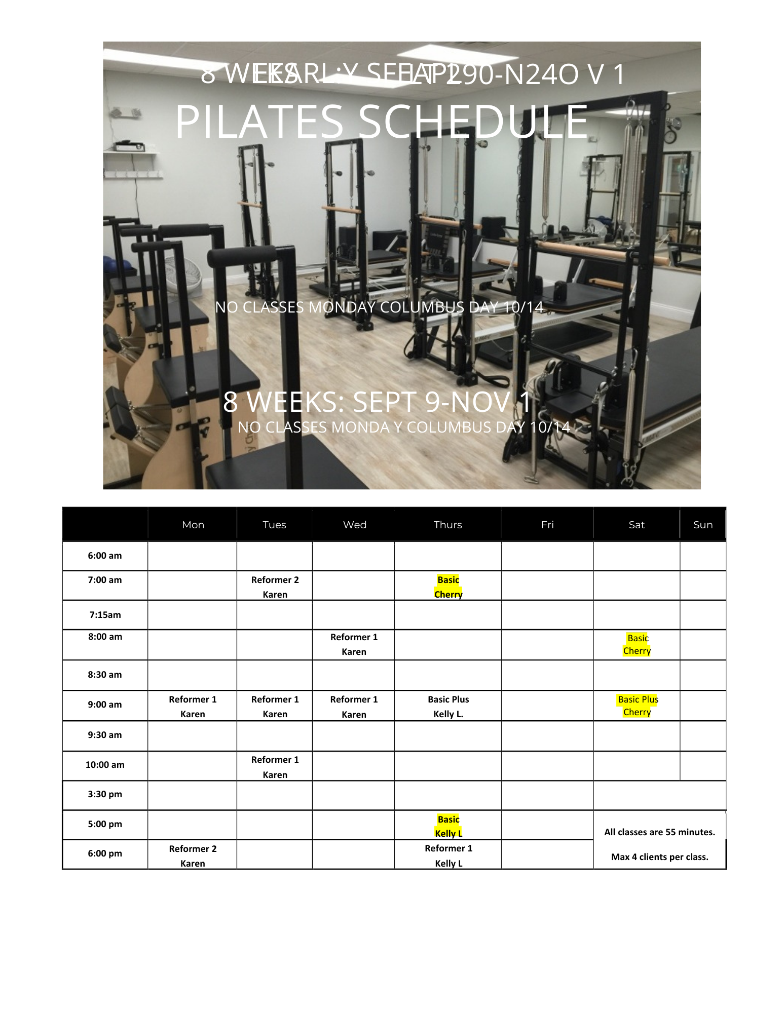 Pilates Reformer CLass Schedule