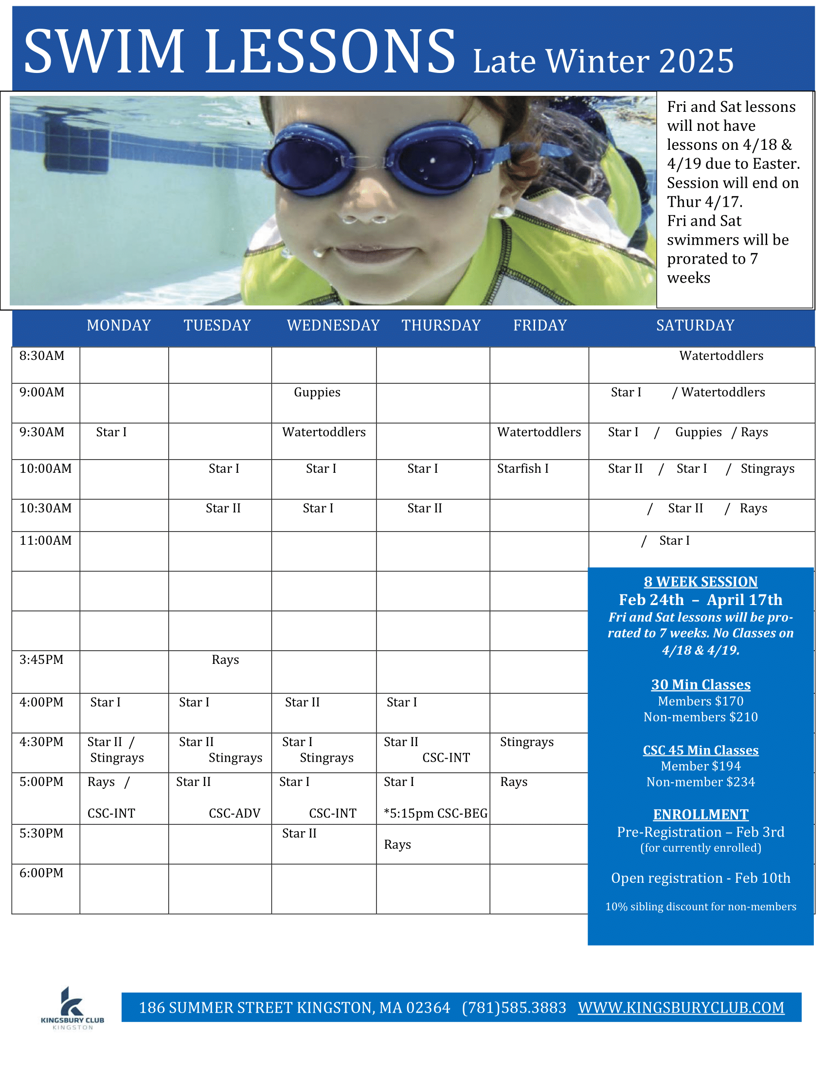 Late Winter Swim Schedule